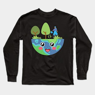 Cute Green and Clean Happy Earth Long Sleeve T-Shirt